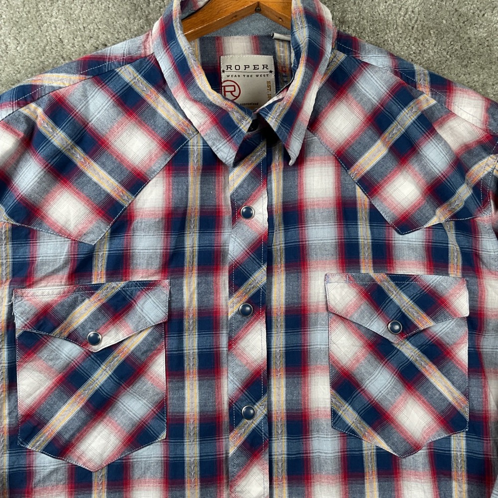 Roper Western Button Up Shirt Mens Medium Red White Blue Plaid Long Sleeve snap
